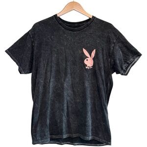 Playboy TShirt Size Large Acid Wash Grey Coral Repeat Front and Back Graphic